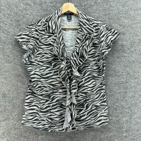 DFA Tops - DFA Shirt Women L Large Black Animal Print Button Up Collared Short Sleeve Linen